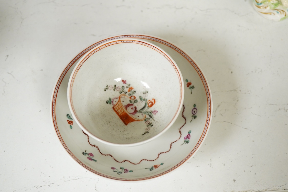 18th century mixed Worcester etc, including blue and white tableware together with two figurines etc, teapot, 13cm high (13).